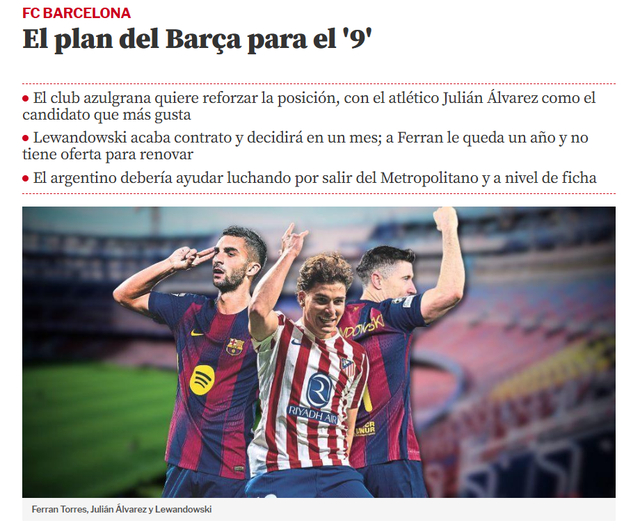 巴萨中锋引援计划曝光：阿尔瓦雷斯或加盟，莱